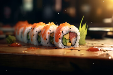 sushi on wooden board on dark background - Powered by Adobe
