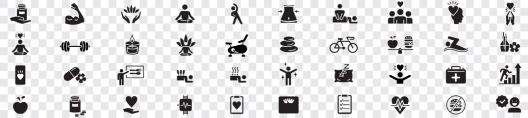 Wellness, Gym, Relaxation, Healthy Lifestyle, Exercise, Yoga, Spa, Diet, Fitness, Diet, Wellbeing, editable line icons set collection.