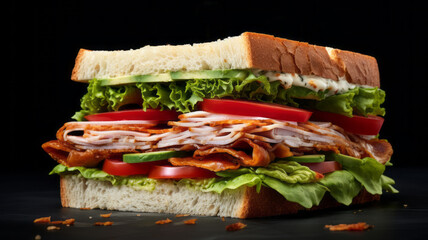 Big sandwich with baked turkey, green salad, tomato and cucumber slices on dark background.