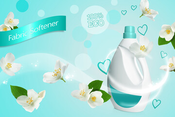 Fabric softener advertising design. Bottle of eco conditioner and jasmine flowers on light blue...