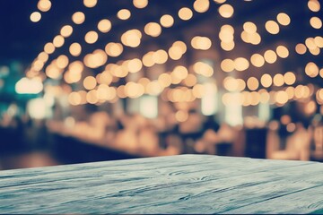 Wooden table top and party bokeh background