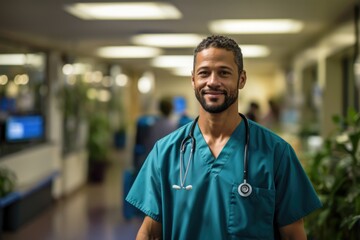 Fototapeta premium Exemplifying expertise and care, a young male doctor in a modern clinic ensures top-notch healthcare with dedication