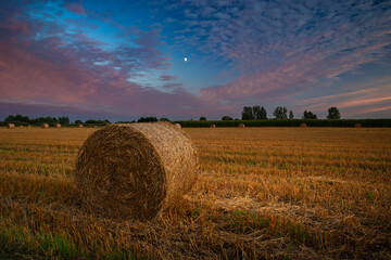 A large bale of hay on a stubble field and a beautiful sunset on an August evening