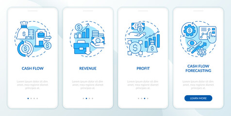 Fototapeta na wymiar 2D icons representing financial fundamentals monochromatic mobile app screen set. Walkthrough 4 steps blue graphic instructions with thin line icons concept, UI, UX, GUI template.