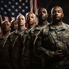 Fototapeta premium A group of army Respects the American flag in honor of the National Guard's Birthday. Generative AI