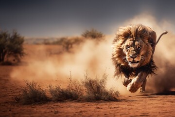 Un lion majestueux courant dans la savane, chassant une proie et soulevant beaucoup de poussières - obrazy, fototapety, plakaty