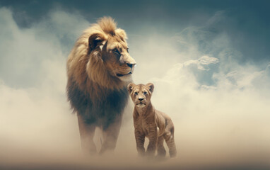 Une illustration d'un lion et son petit lionceau dans la brume