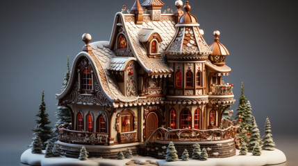Homemade Christmas Gingerbread House displayed on a table. Christmas tree lights in the background