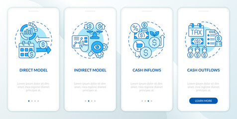 2D linear icons representing cash flow forecasting monochromatic mobile app screen set. Walkthrough 4 steps blue graphic instructions with concept, UI, UX, GUI template. - obrazy, fototapety, plakaty