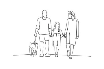 Family walking leisurely with pets on beach, simple continuous line drawing of happy family minimalist concept. Family vacation.