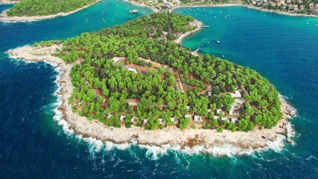 Aerial view of the beautiful peninsula with a camping site in Croatia