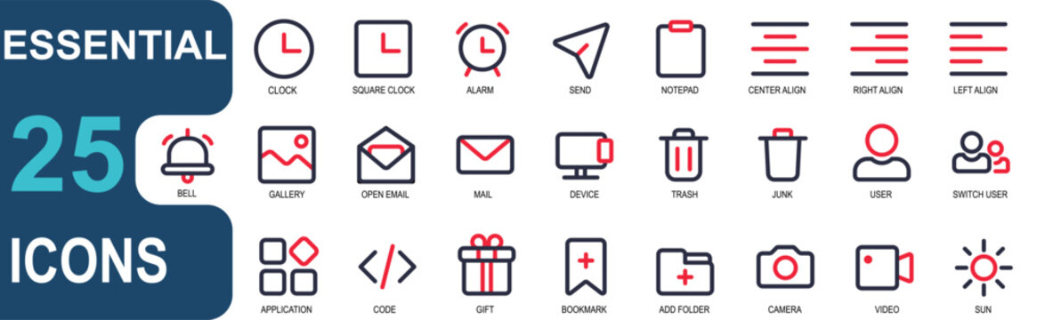 icon set essentials. 2 color outline. contains send, note pad, paragraph line, bell, gallery, bookmark, folder, camera, video, sun, light. suitable for website UI