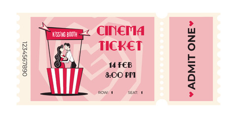 Valentines day retro cinema ticket with beige background. Vector illustration in 60's-70's style of movie session access flyer or coupon.