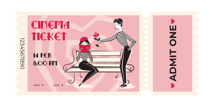 Valentines day retro cinema ticket with beige background. Vector illustration in 60's-70's style of movie session access flyer or coupon.