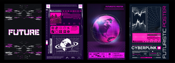 Collection of modern abstract posters. In acid style. Retro futuristic design elements, perspective grid. Translation-Futuristic. Vector illustration