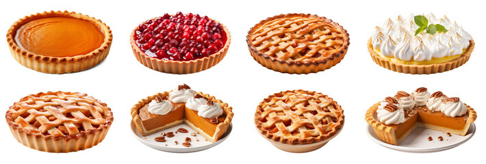 Cherry pie, pumpkin pie, pies on white background - obrazy, fototapety, plakaty
