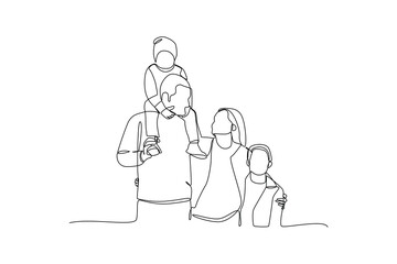 Simple family going to holiday, simple continuous line drawing of happy family minimalist concept. Family vacation.