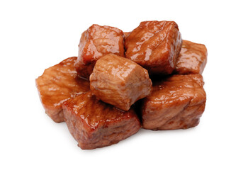 Pieces of delicious cooked beef isolated on white. Tasty goulash