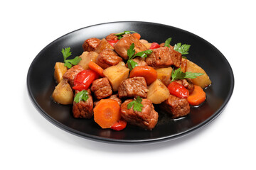 Plate with delicious goulash isolated on white