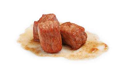Pieces of delicious cooked beef isolated on white. Tasty goulash