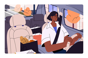 Attentive driver ride with safety belt. Happy woman carrying foodstuff on seats after grocery shopping, paper packs inside car. Girl looking on road, drive by automobile. Flat vector illustration