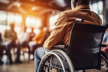 Obraz premium Wheelchair, disability and man hand holding wheel in a hospital for health care. Disabled, mobility problem and male person in a clinic for support and medical care with hands of patient and mockup.