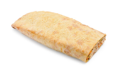 Delicious strudel with chicken and vegetables isolated on white
