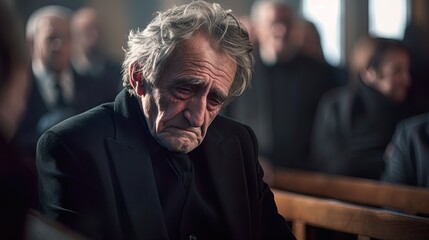 Grieving sad elderly man at a funeral. - obrazy, fototapety, plakaty
