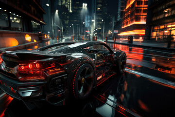 High-tech sports car speeding through a neon-lit city at night, reflecting urban lights with a...