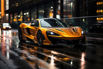 Stunning orange luxury sports car on a wet city street at night, reflecting the urban lights in its...