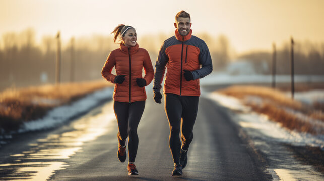 Running exercise fitness friends walking running together on an open road in the winter.