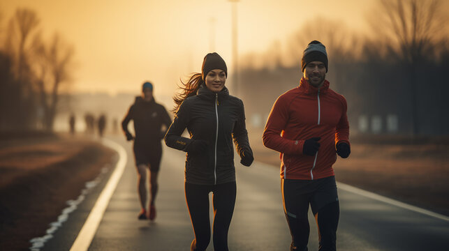 Running exercise fitness friends walking running together on an open road in the winter.