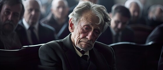 Grieving sad elderly man at a funeral.