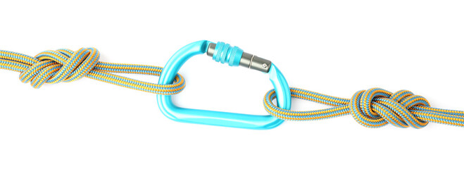 One metal carabiner with ropes isolated on white, top view © New Africa