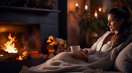Young woman relaxing with warm cup of tea at modern fireplace. 