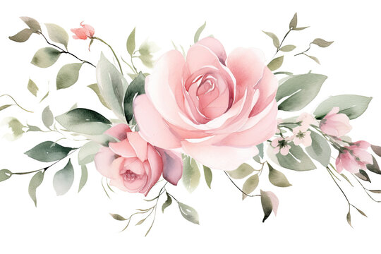 bouquet of pink roses,Watercolor floral illustration. Pink flowers and eucalyptus greenery bouquet. Dusty roses, soft light blush peony - border, wreath, frame. Perfect wedding stationary, greetings, 