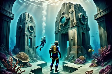 diver discovered a lost city in the buttom of ocean - obrazy, fototapety, plakaty