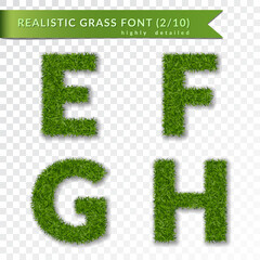 Grass letters E, F, G, H set alphabet 3D design. Capital letter text. Green font isolated white transparent background. Symbol eco environment, save the planet. Realistic meadow Vector illustration