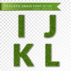 Grass letters I, J, K, L set alphabet 3D design. Capital letter text. Green font isolated white transparent background. Symbol eco environment, save the planet. Realistic meadow Vector illustration