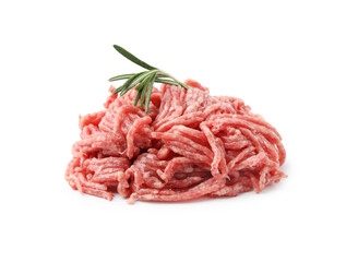 Pile of fresh raw ground meat and rosemary isolated on white