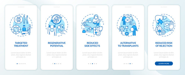 2D icons representing cell therapy benefits mobile app screen set. Walkthrough 5 steps blue graphic instructions with line icons concept, UI, UX, GUI template. - obrazy, fototapety, plakaty