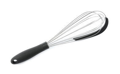 Metal whisk isolated on white, top view. Kitchen utensil