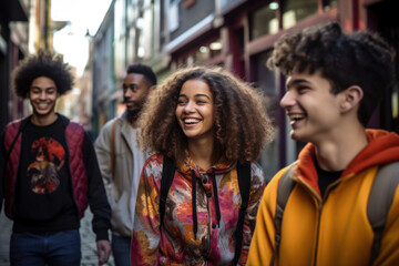 Fototapeta premium Happy young interracial students chatting with each other after class standing outside. Guy and girls wear casual clothes to study. Lifestyle concept, sincere emotions