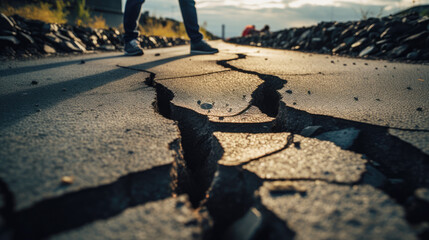 Cracked road after an earthquake with people in the background