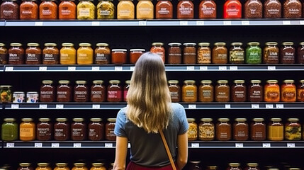 woman in supermarket,  A woman comparing products in a grocery store - obrazy, fototapety, plakaty
