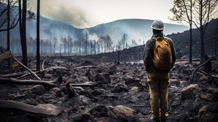 A firefighter looking over a burnt forest with smoke in the distance
