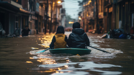 Two people paddling in a kayak on a flooded city street - obrazy, fototapety, plakaty