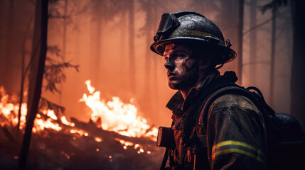 Obraz premium A firefighter stares intently amidst a forest fire