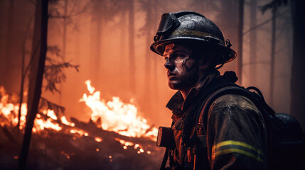 A firefighter stares intently amidst a forest fire