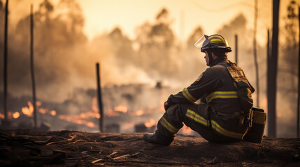 Firefighter sitting, overlooking a smoldering forest fire - obrazy, fototapety, plakaty